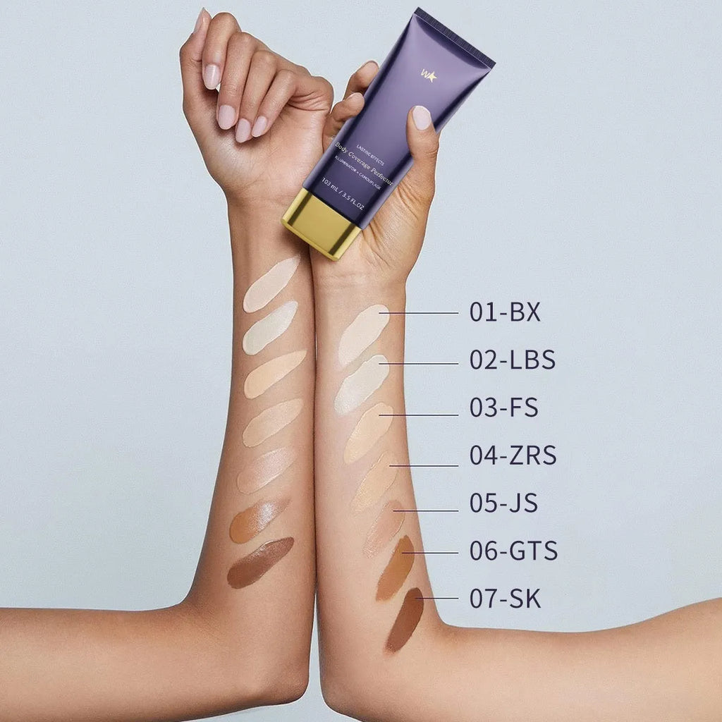 Waterproof body tattoo concealer cream with application brush in seven radiance shade options