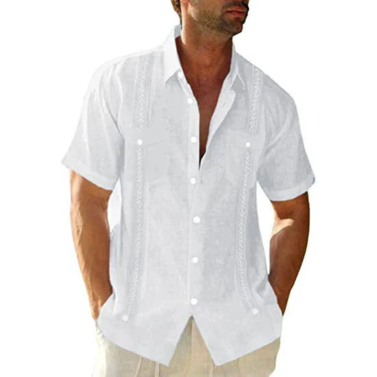 Men's casual Cuban-style Guayabera shirt with short sleeves and printed patterns