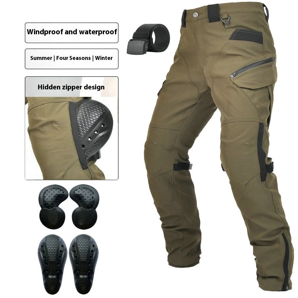 Men's waterproof black motorcycle cycling pants with detachable belt and protective knee pads on a mannequin.