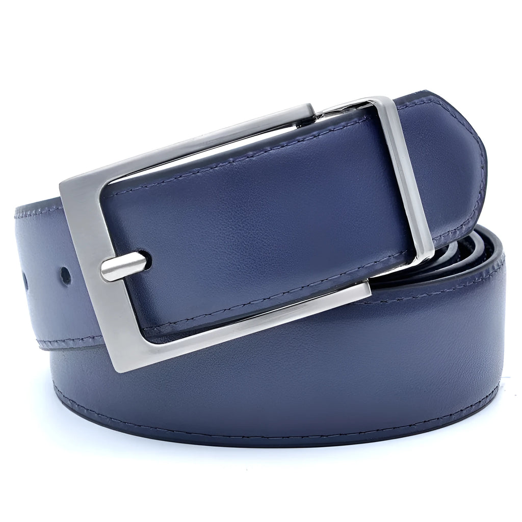 Men's brown and black genuine leather belt with rotating alloy pin buckle showing length options