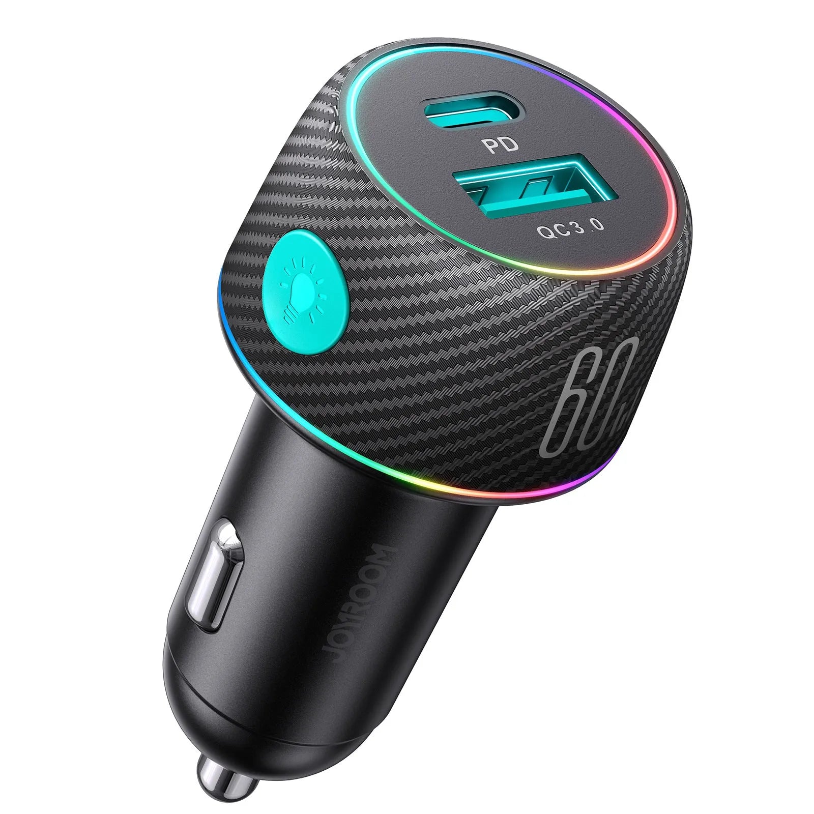 60W dual port car charger with button and seven colour ambient light, PC ABS black finish