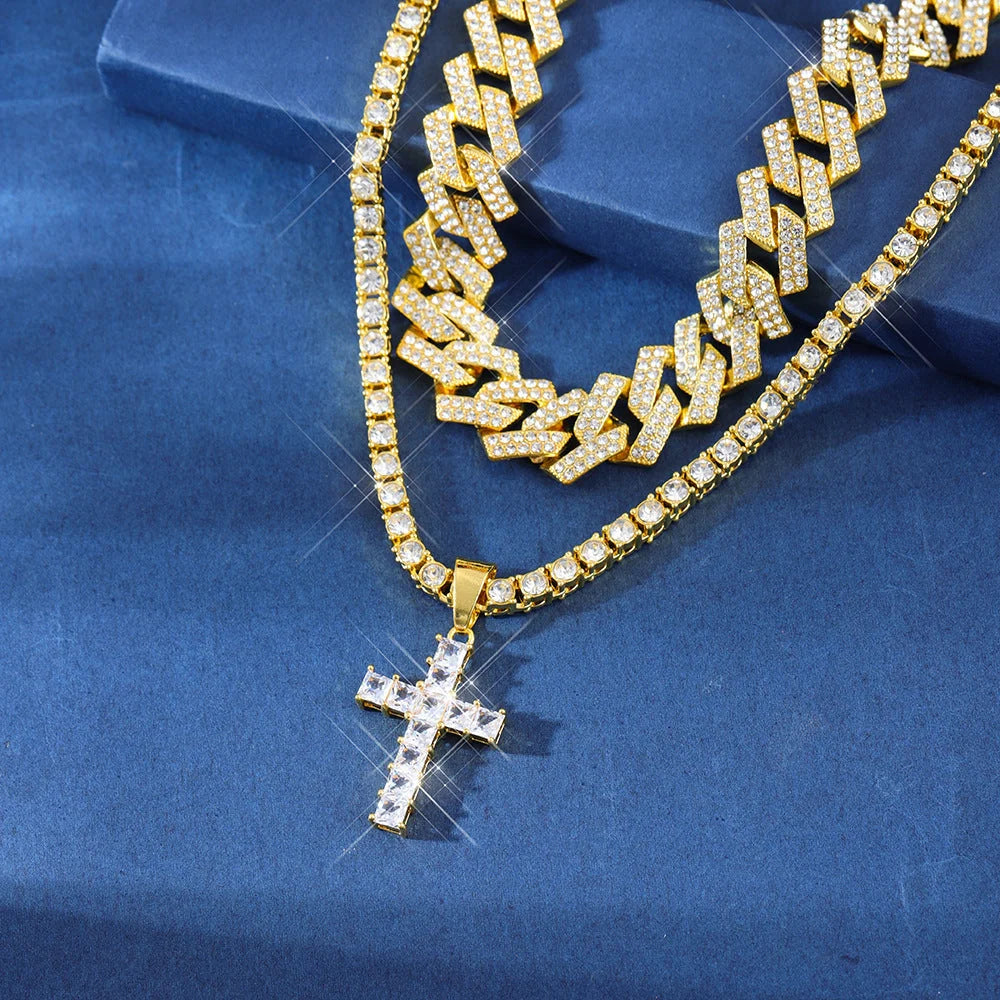 Zircon cross pendant necklace with Miami curb Cuban chain in gold and silver