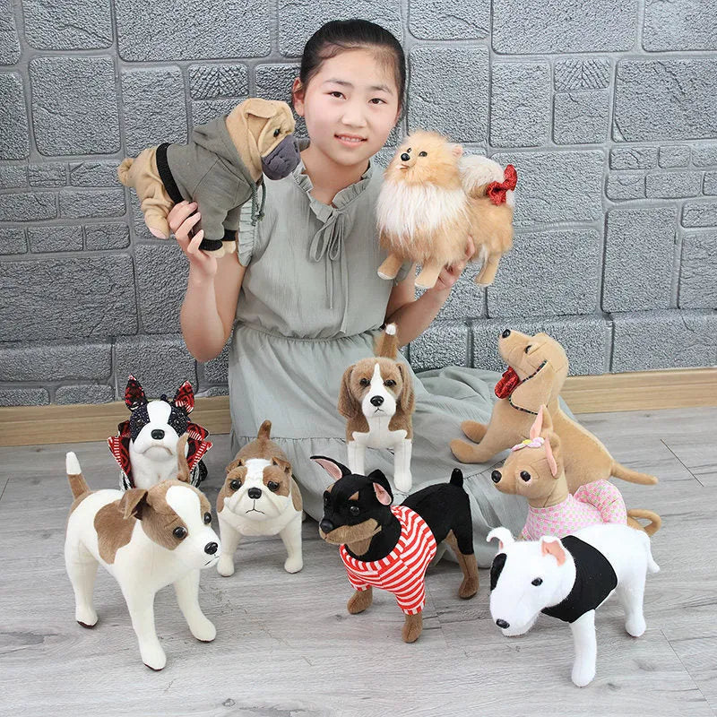 Dressing artificial dog plush toy with mink fur, Bulldog breed, medium size 40-45cm, on white background