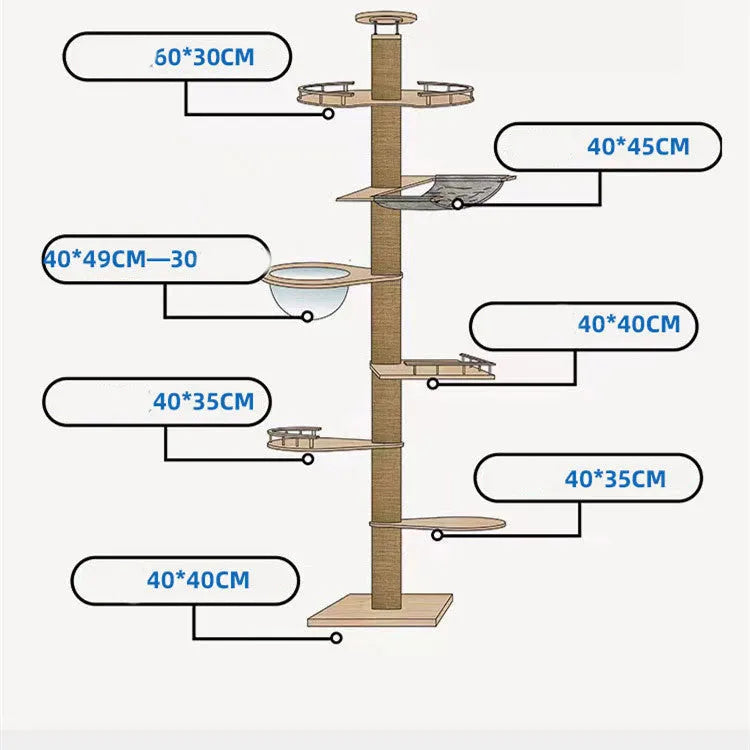 Tongtian Column climbing frame for cats with solid pine, twine, and space capsule in multi-level configuration