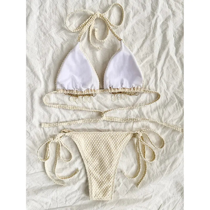 Women's halter lace-up bikini swimsuit in milky white with adjustable side ties