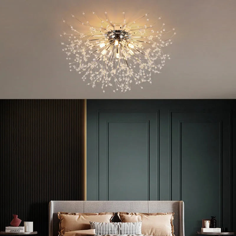 Wrought iron ceiling lamp with chrome finish and round crystal shade 40cm diameter LED bedroom light
