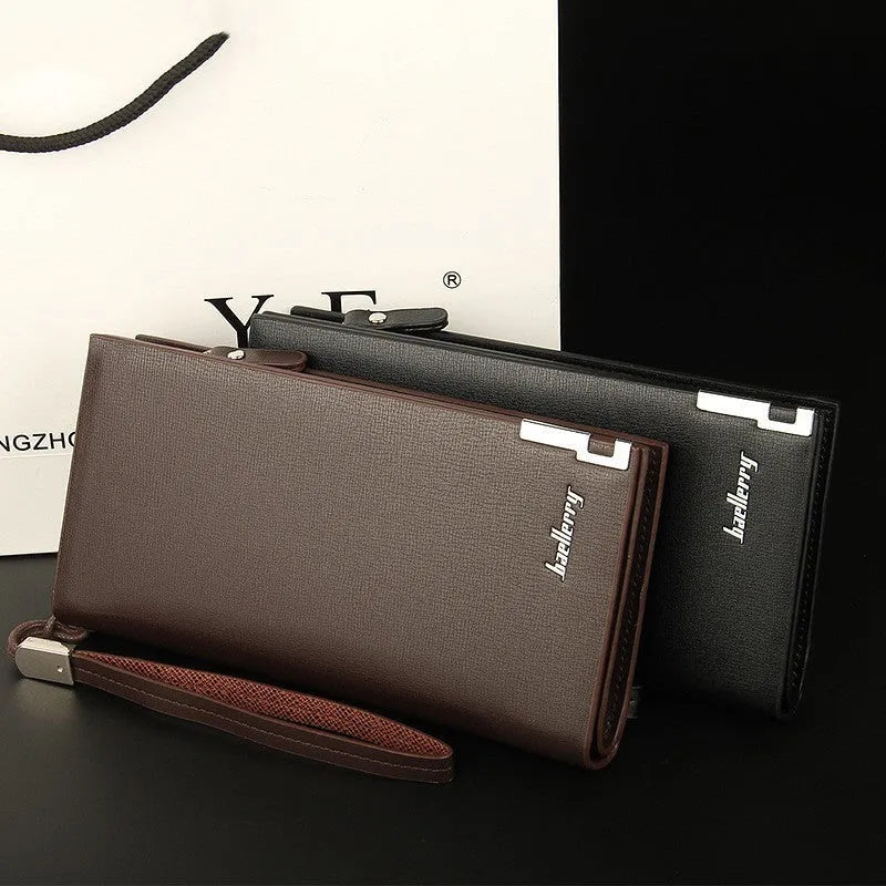 Men's black PU leather wallet with multifunctional zipper closure showing multiple compartments