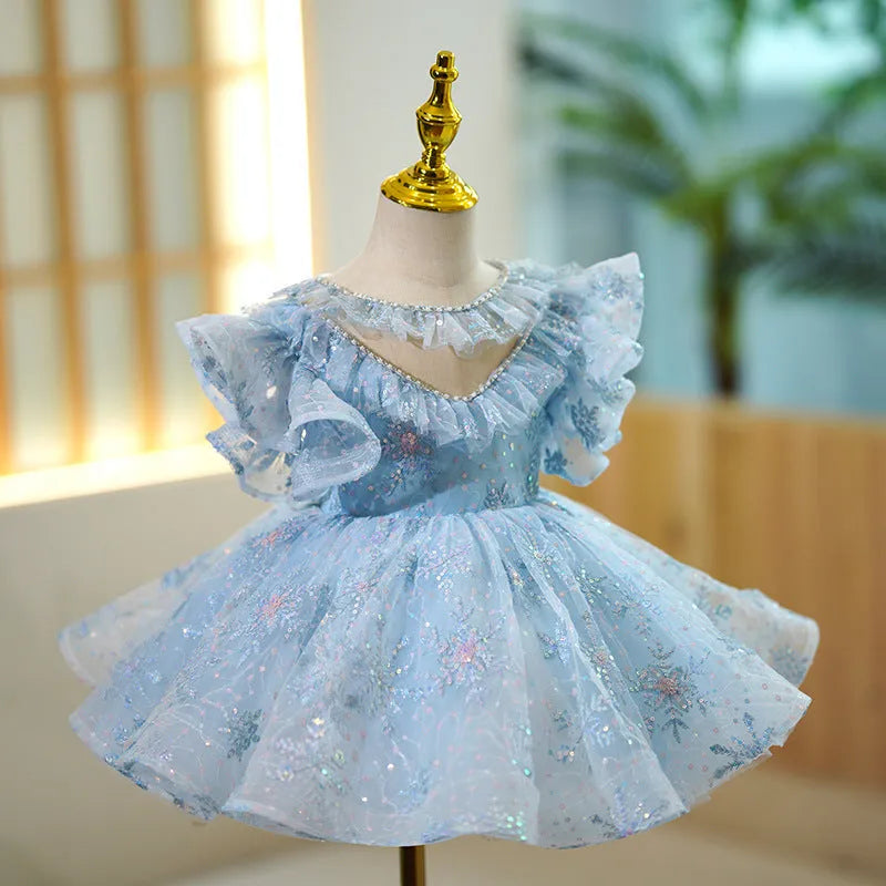 Girl's sky blue princess costume dress in polyester fabric for parties
