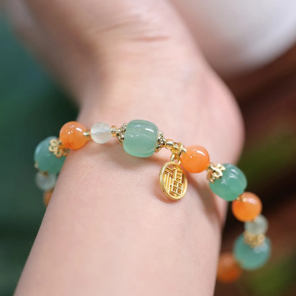 Chinese style Duobao pumpkin bracelet made from Jinsi Jade barrel beads with Prehnite stone, sized for 14-16.5cm wrists.