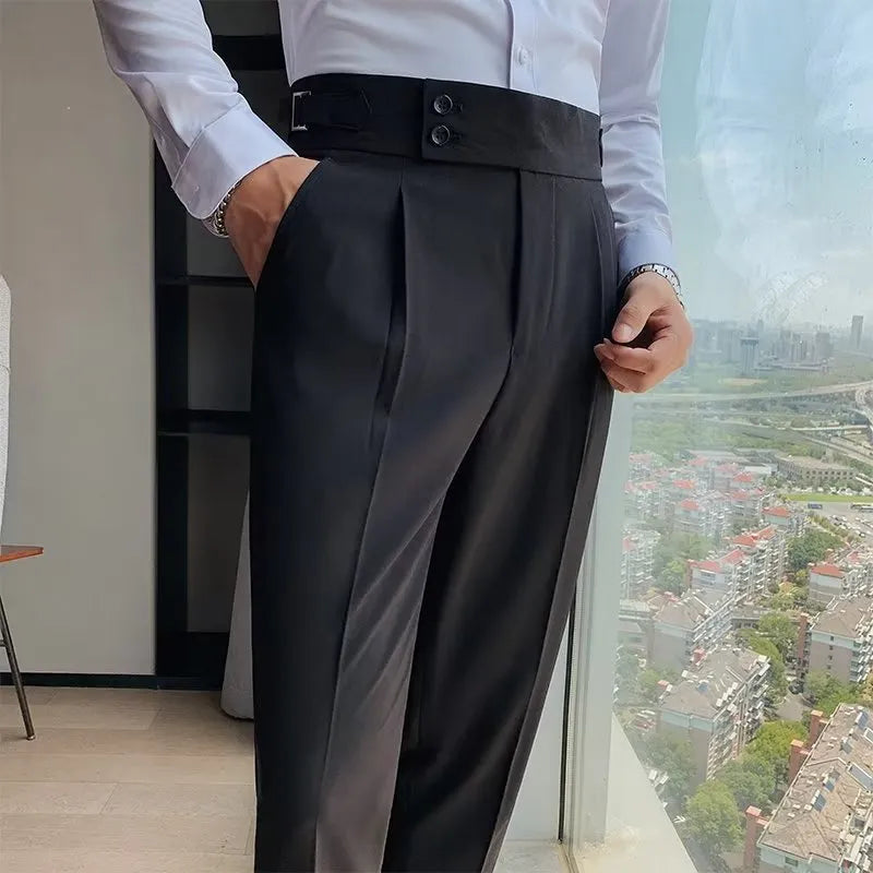 Retro high waist straight-leg trousers in cotton blend fabric showing black, brown, gray, and white colour options
