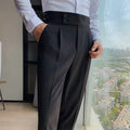 Retro high waist straight-leg trousers in cotton blend fabric showing black, brown, gray, and white colour options