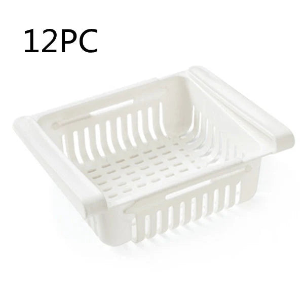Stretchable refrigerator storage basket in white, blue, pink, and apricot colours