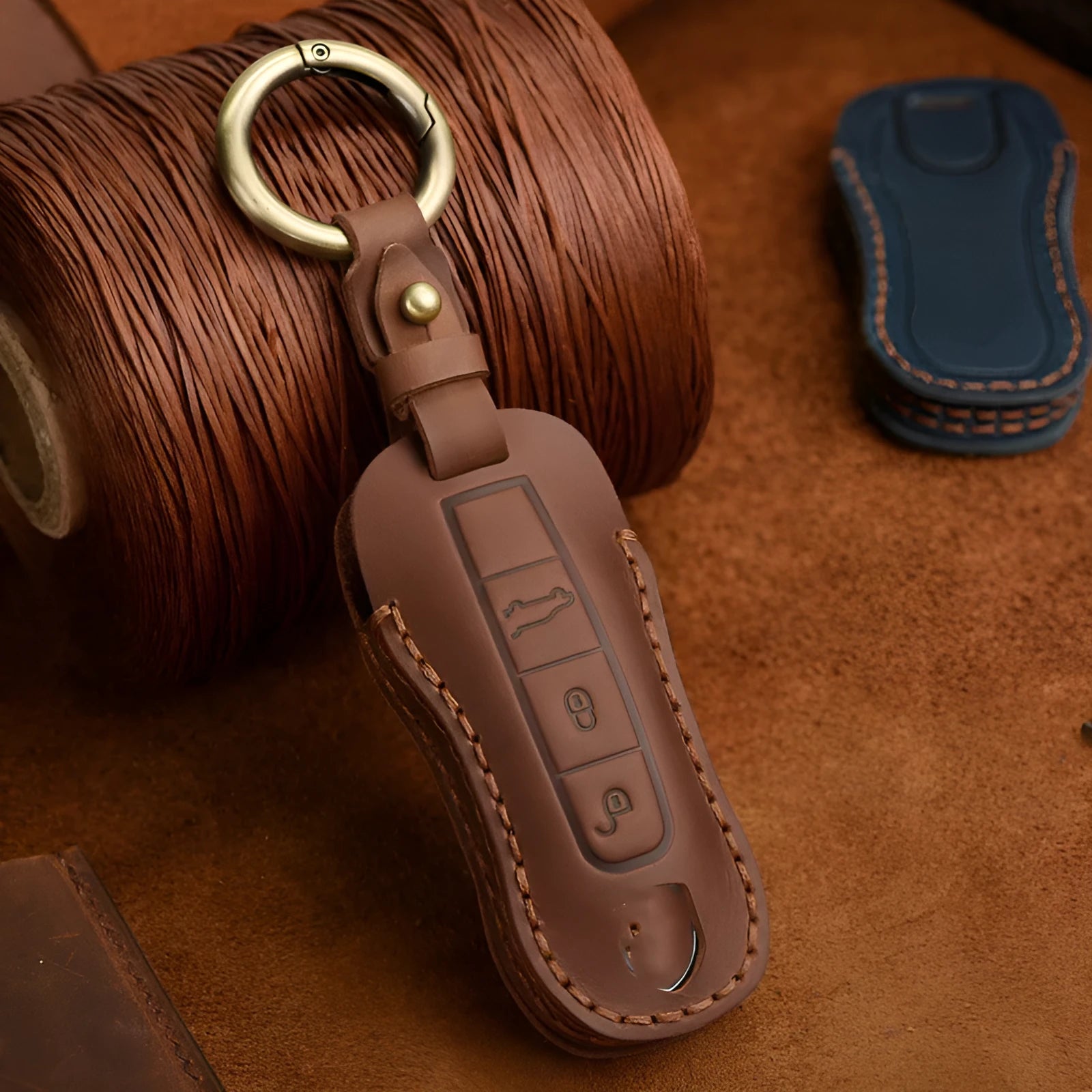 Porsche key case made from cowhide leather with retro bag buckle closure in blue colour