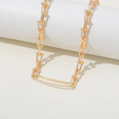 Retro U-shaped double-layer metal chain tag necklace with sparkling rhinestone pendant