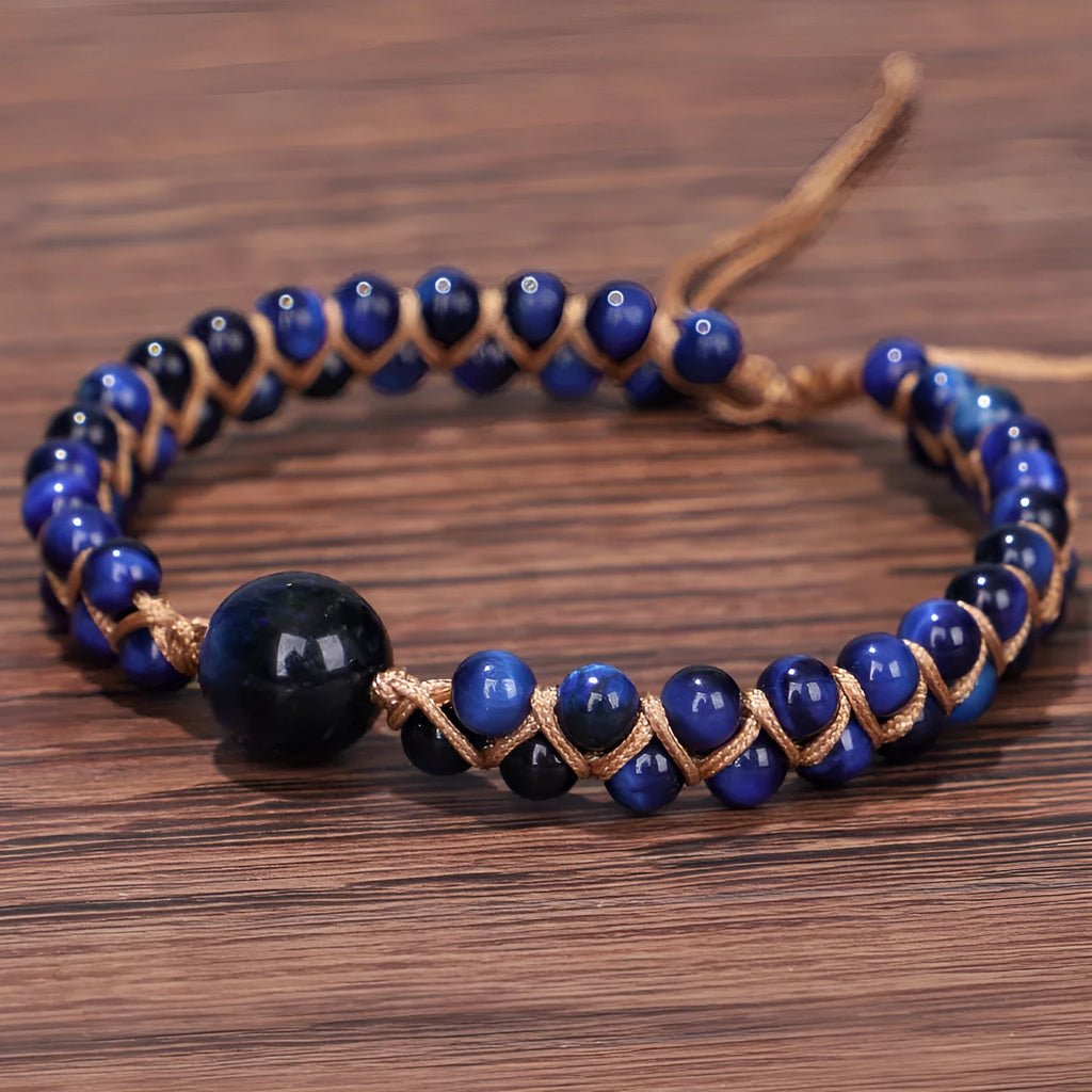 Handmade woven geometric bracelet with tiger eye stone beads and adjustable pull cord