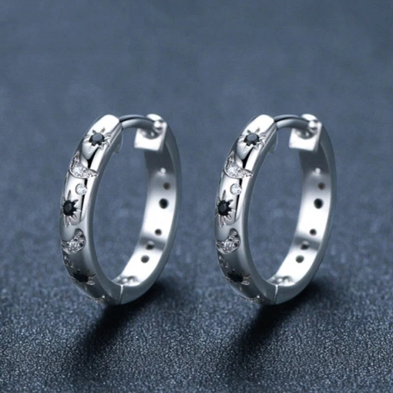 French Inlaid Zircon Star and Moon Earrings in black with U-shaped design