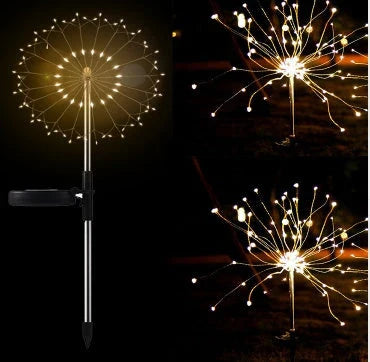 Solar-powered string lights with fireworks-inspired lighting effects, perfect for outdoor gardens, patios, and parties