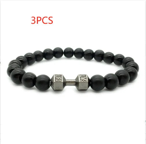 Men's fitness fashion bracelet with alloy metal barbell and lava rock stone beads