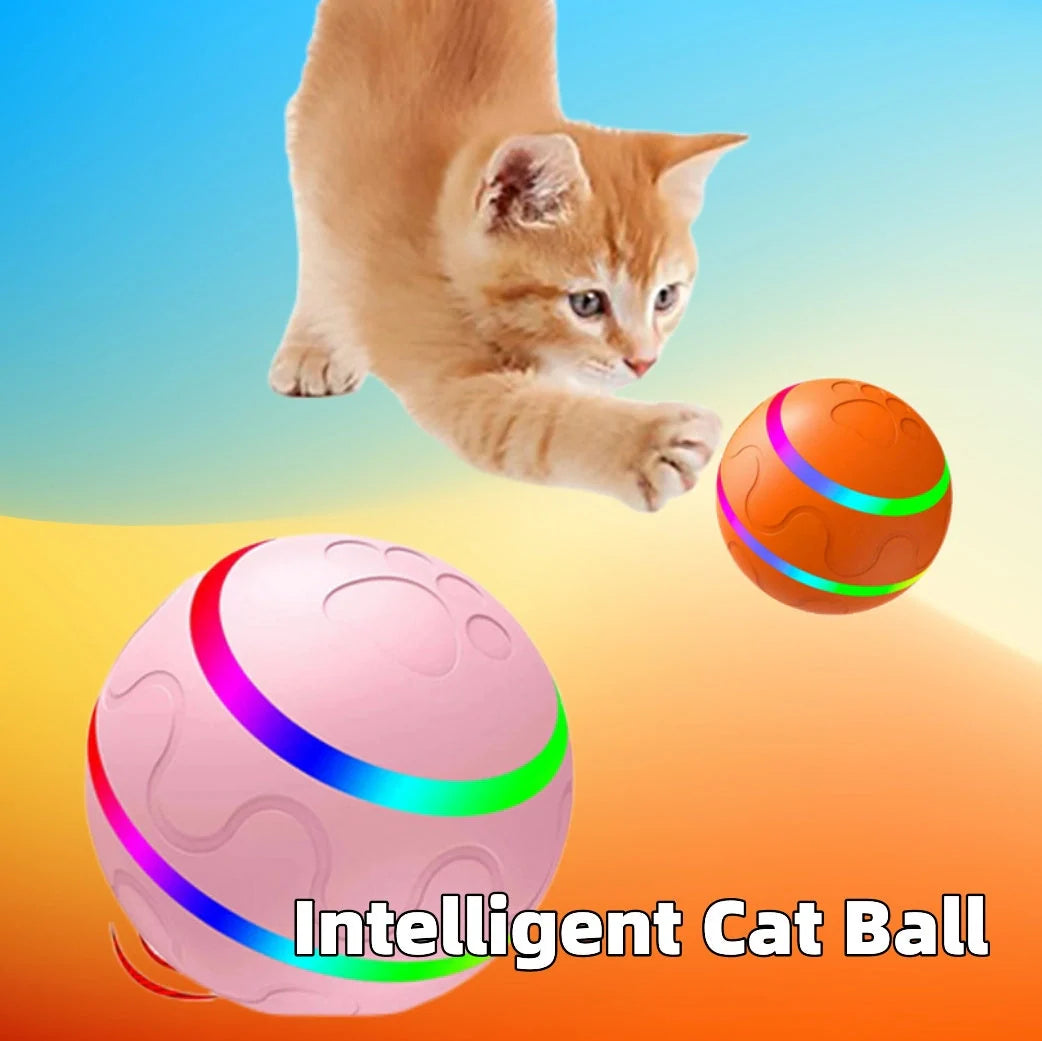 Intelligent Wicked Ball Toy for Cats with automatic rotation and USB charging in orange, yellow, and pink