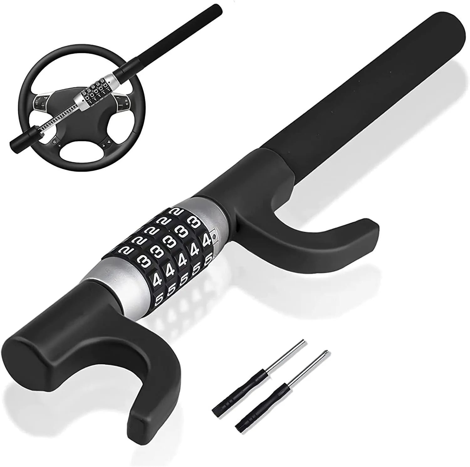 Car steering wheel anti-theft U-lock with combination dial in black, blue or red colour options