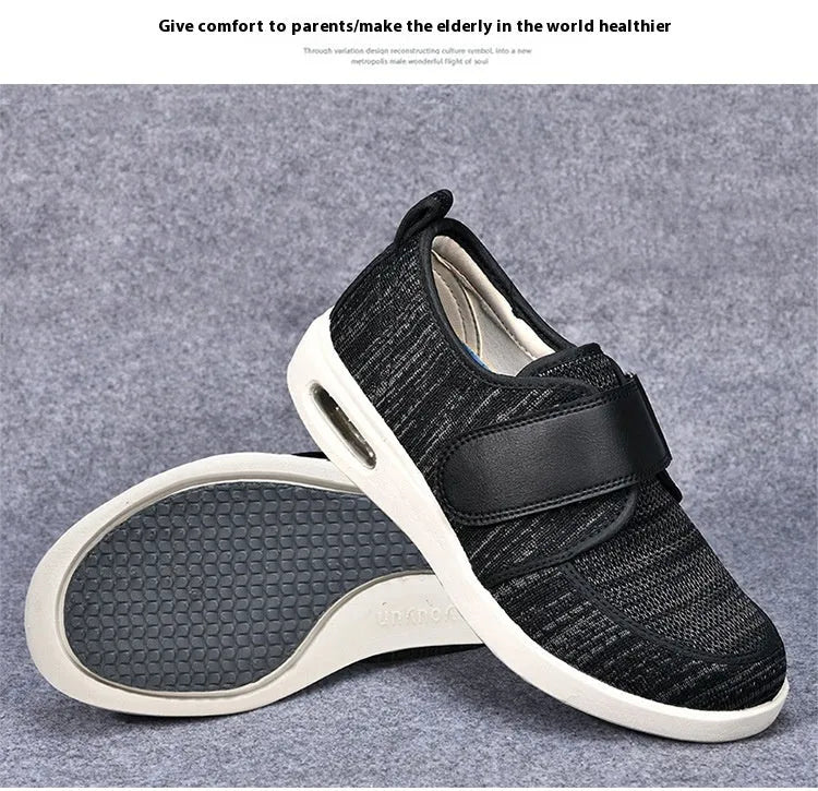 Men's velcro casual shoes in black with mesh fabric upper and round toe