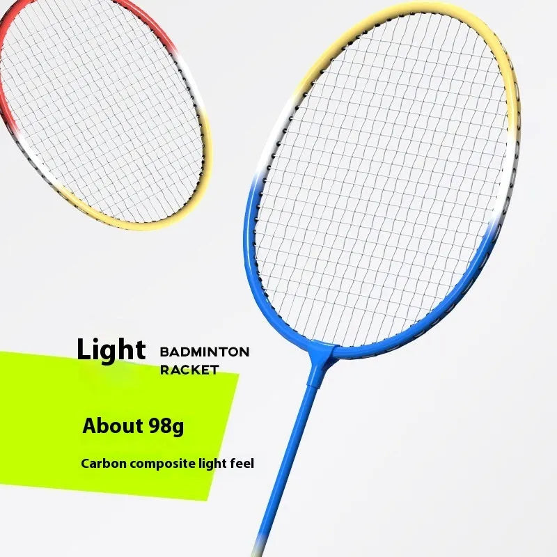 A pair of blue and red alloy ultra-light split badminton rackets laid side by side.