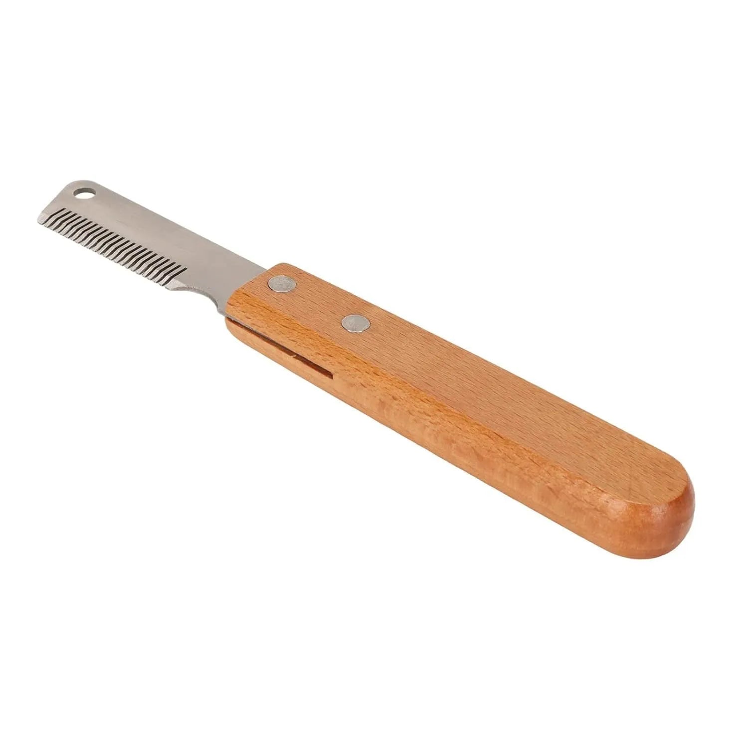 Pet stripping comb grooming tool with wood handle and metal teeth, shown in long and short size options.