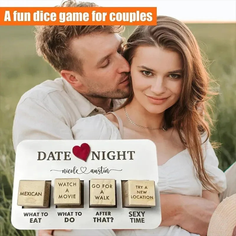 Wooden date night dice game set showing five dice, a rectangular wooden board, and a black fabric storage bag.