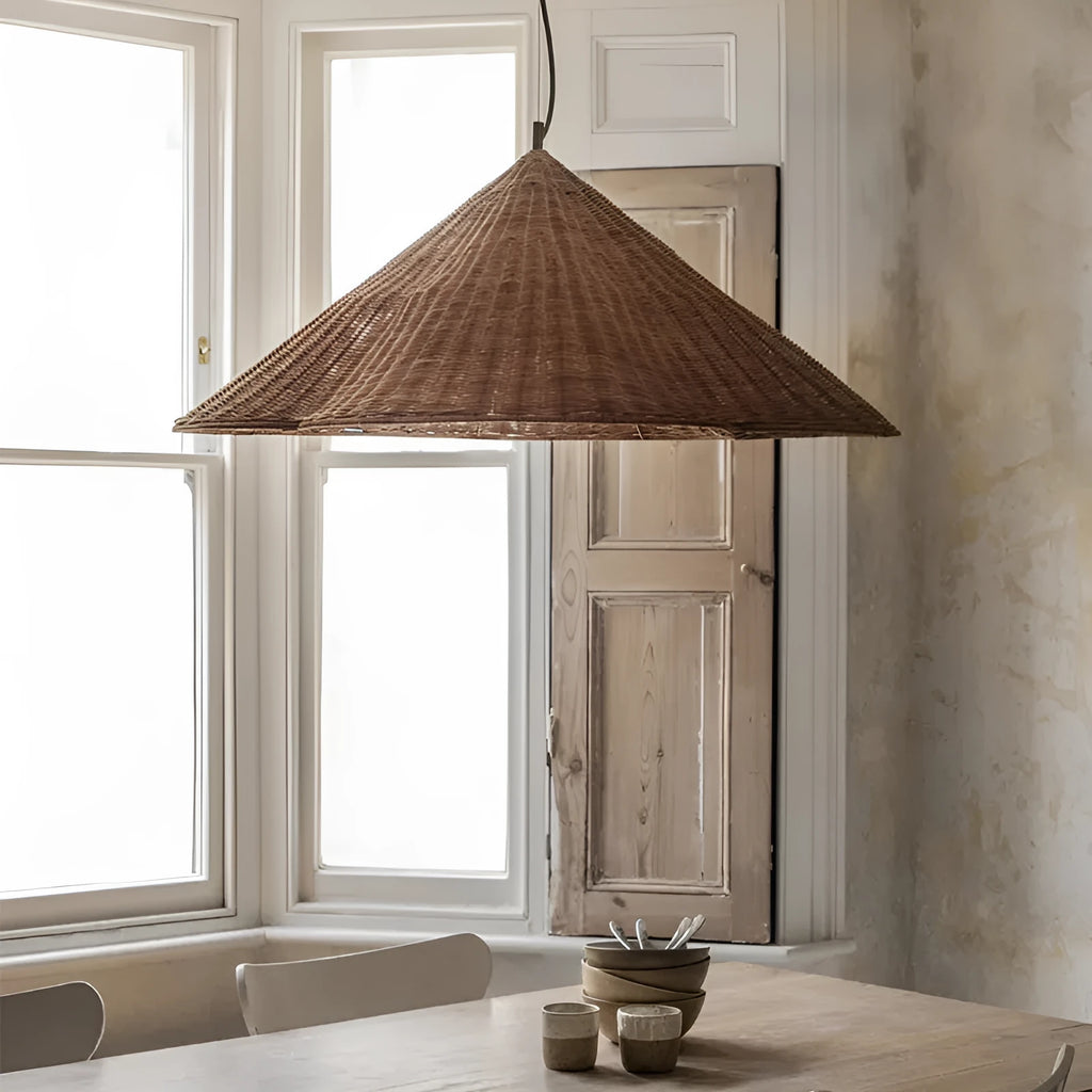 Silent Style rattan woven ceiling lamp in natural colour, shown in a zen-inspired room setting.