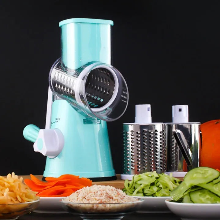 Round manual mandoline slicer with stainless steel blades for cutting potatoes, vegetables, and cheese