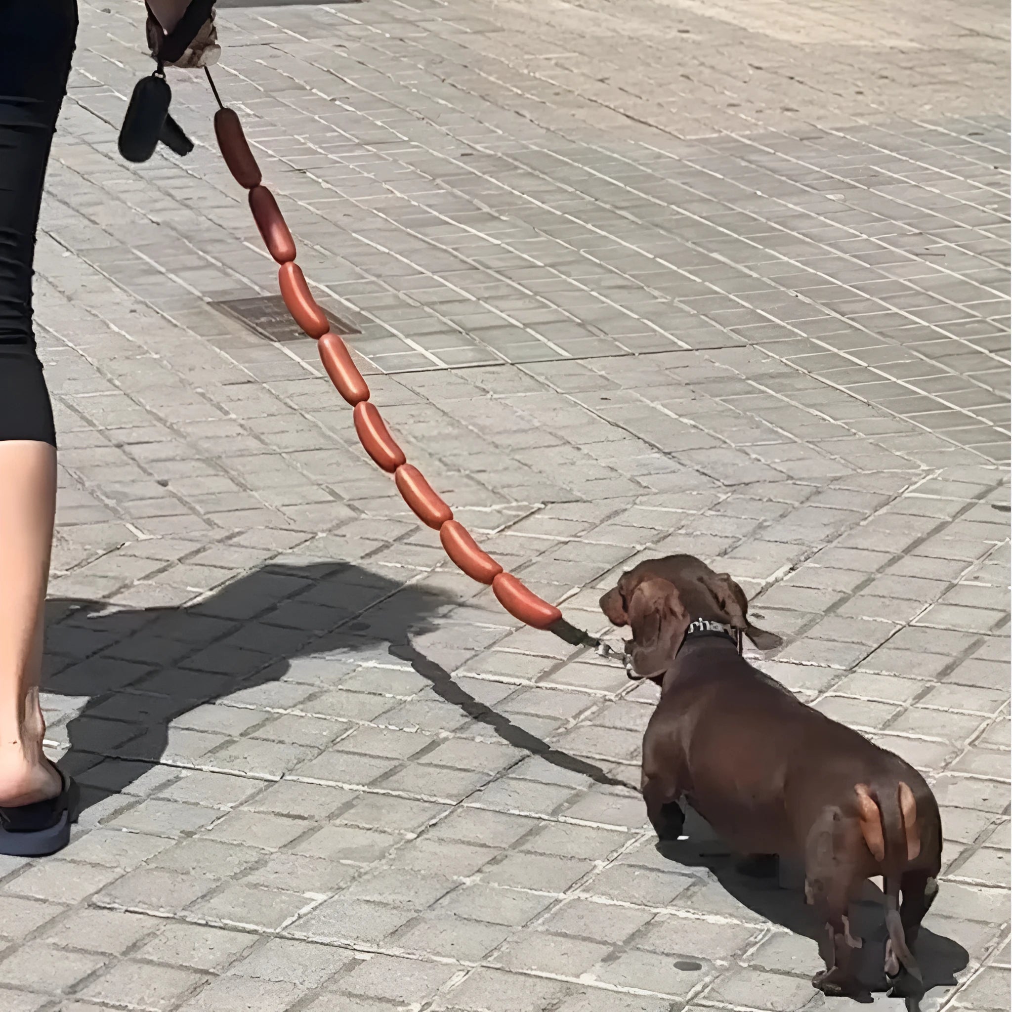 Brown dog rope toy with sausage segments and hand grip measuring 108cm length