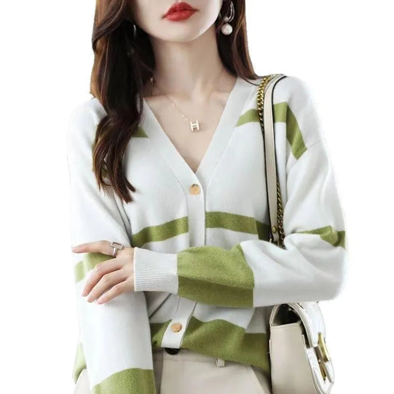 Women's striped V-neck button cardigan with 3D pattern in multiple colour options