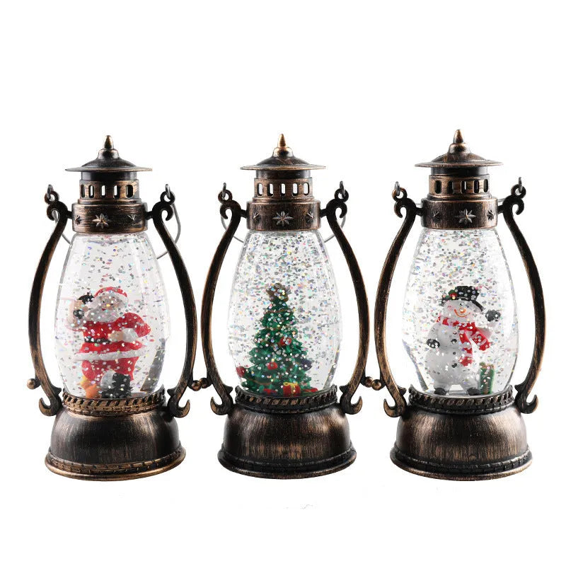 Plastic crystal ball LED oil lamp Christmas ornament with snowman or elderly design on desktop.
