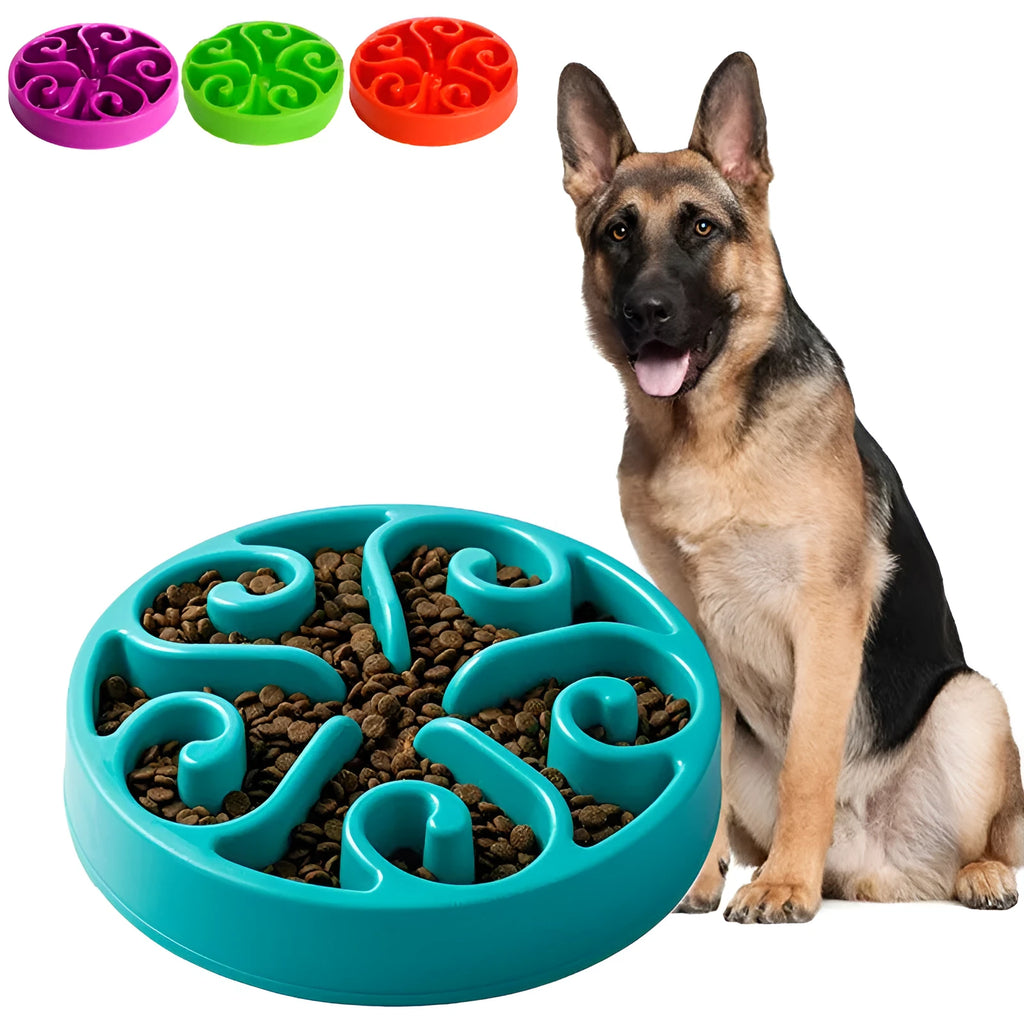 Slow feeder dog bowl with internal maze pattern ridges and a wide non-slip base, shown in blue.
