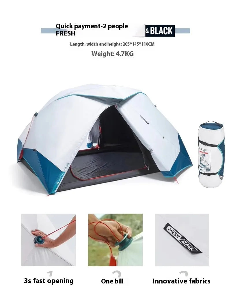 Outdoor camping tent quick open 2 person blue white polyester FRP poles rainfly waterproof 2000-3000mm