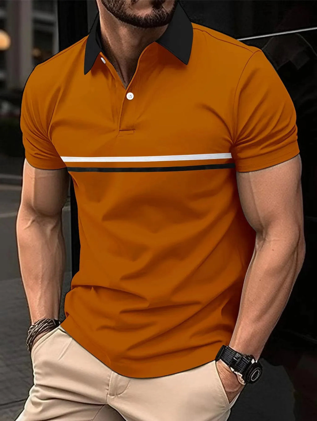 Men's sports polo shirt loose fit with button stitching and zipper decoration in six colours: white, dark gray, pink, caramel, light blue, navy blue