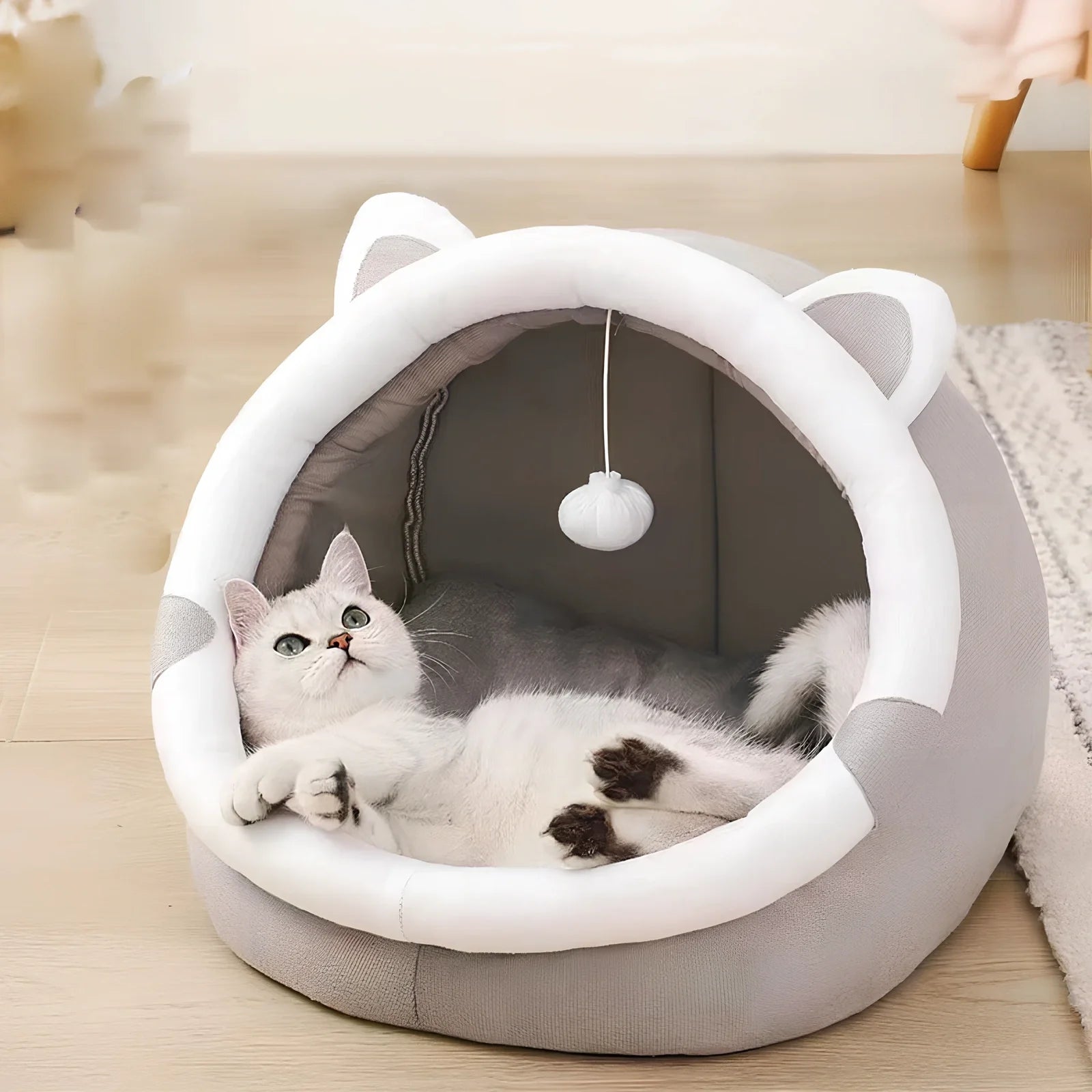 Closed cat litter kennel S size with winter plus velvet, for cats up to 6kg, camel pattern, enclosed design with mat