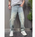 Light blue straight slim denim trousers for teenagers with mid-rise waist and zipper fly closure