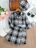 Girls plaid short skirt two-piece suit with long sleeve jacket, pink colour option, on child model