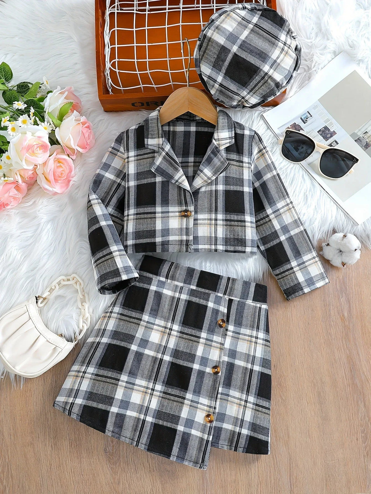 Girls plaid short skirt two-piece suit with long sleeve jacket, pink colour option, on child model