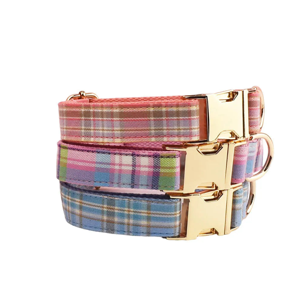 Plaid pattern dog collar and leash set with bow accessories in cloth material