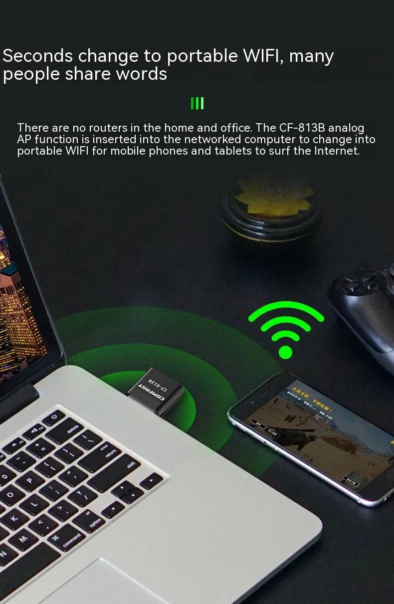 Black nickel-plated USB dual-band WiFi and Bluetooth network adapter with external antenna.