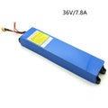 Black 36V lithium-ion electric scooter battery pack showing three capacity options: 6.6Ah, 7.8Ah, and 10.4Ah.