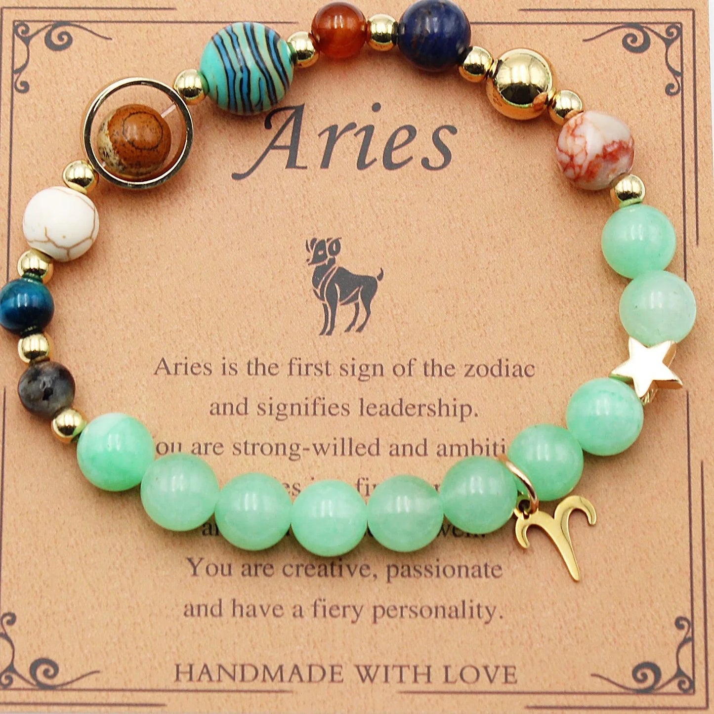 Morgan Stone beaded bracelet with twelve constellation designs, showcasing personalised zodiac signs.