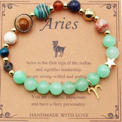 Morgan Stone beaded bracelet with twelve constellation designs, showcasing personalised zodiac signs.