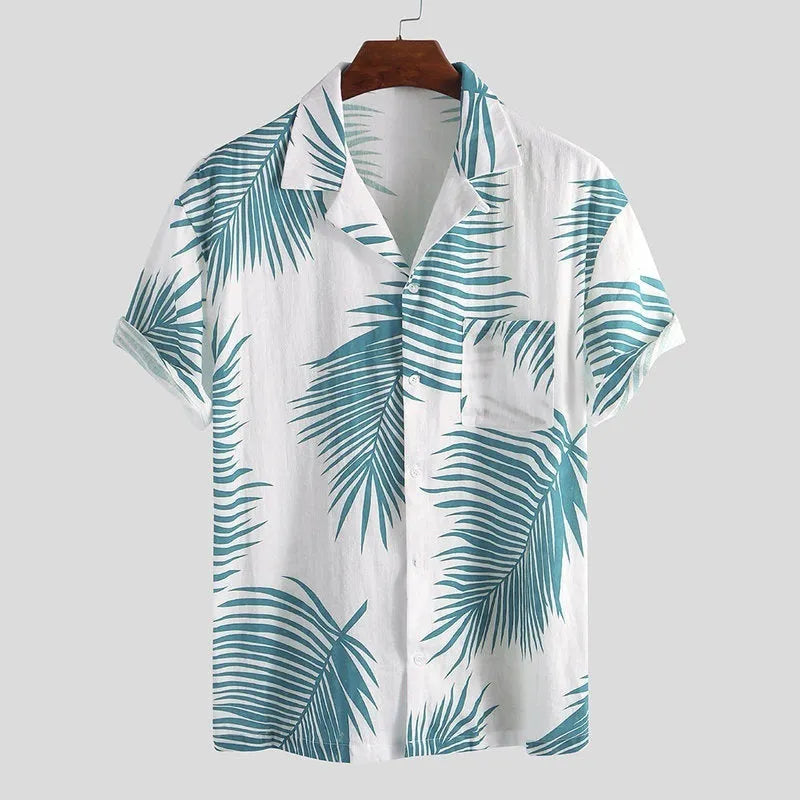 Men's Hawaiian floral short sleeve cardigan shirt in four-way elastic polyester fabric with lapel collar