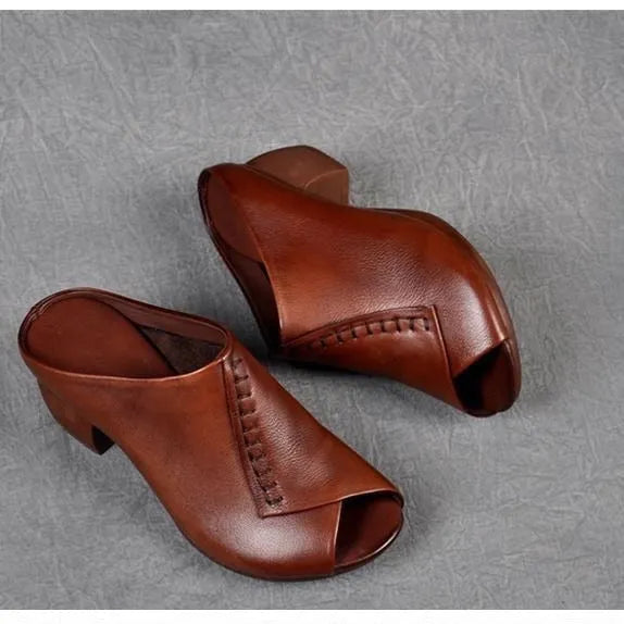 Women's black square heel peep-toe slipper sandals with a fish mouth opening and rubber sole.