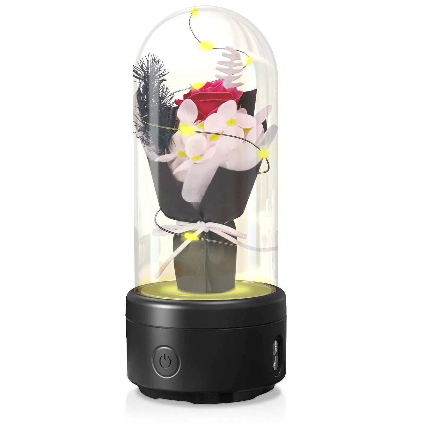 Rose-shaped LED bouquet night light with Bluetooth speaker enclosed in glass cover
