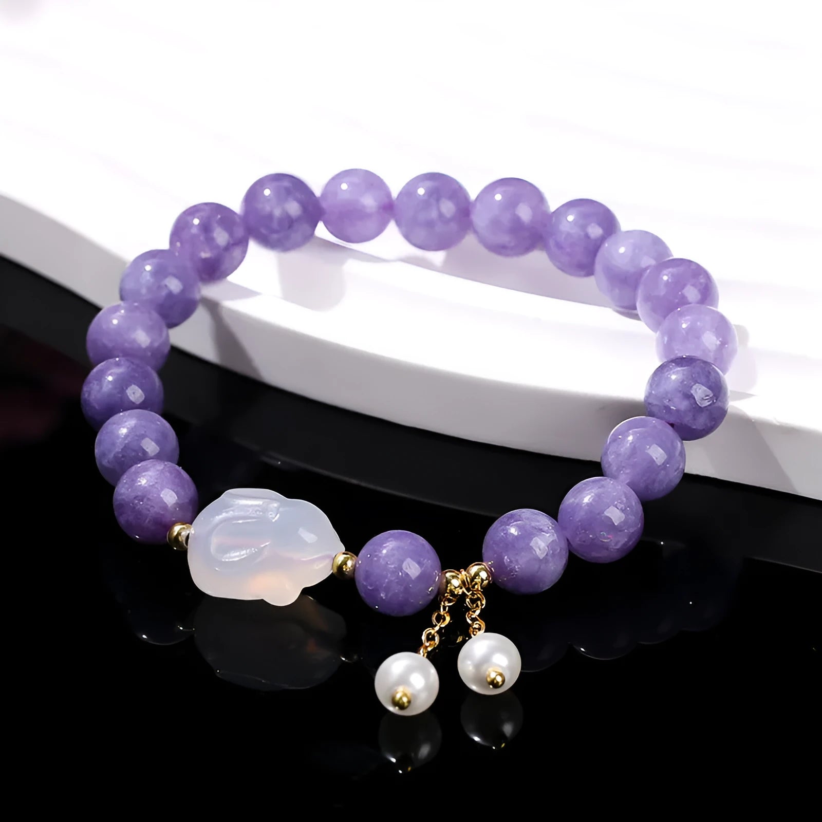 Purple geometric aquamarine and agate bracelet with round beads in handcrafted design