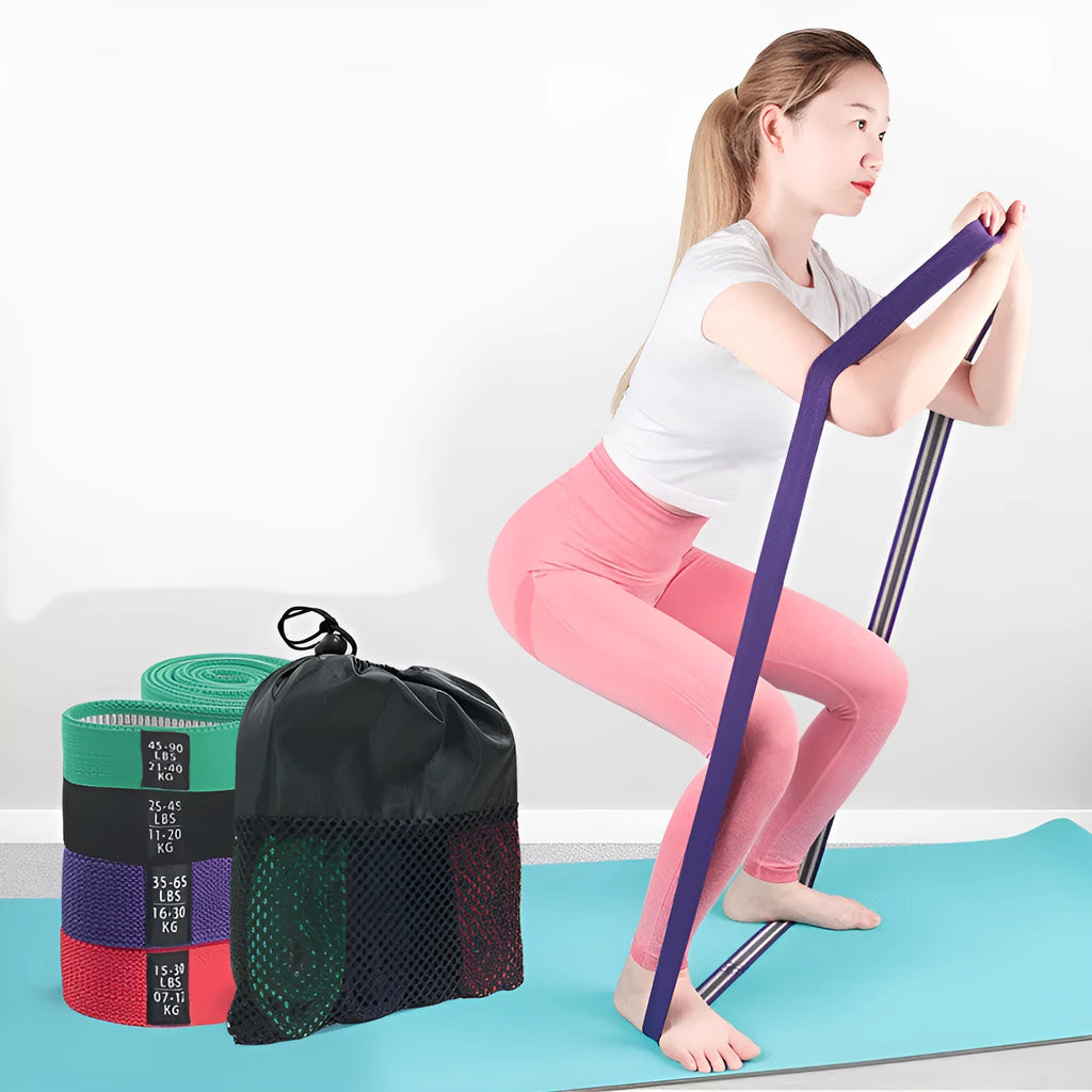 Multi-functional fitness stretching hip band in polyester cotton with colour-coded resistance levels for yoga and running